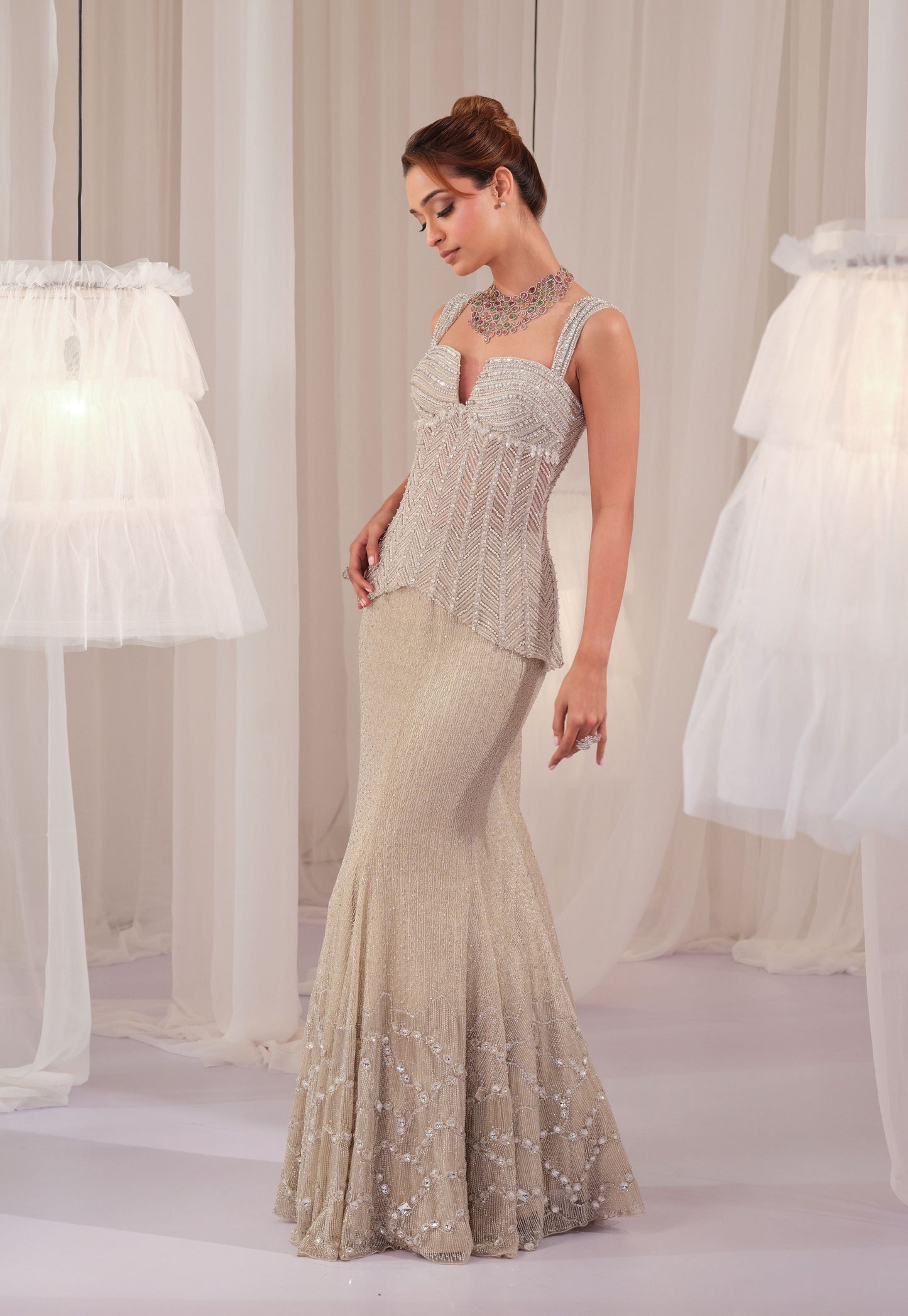 Silver Starlight Corset With Fishcut Lehenga