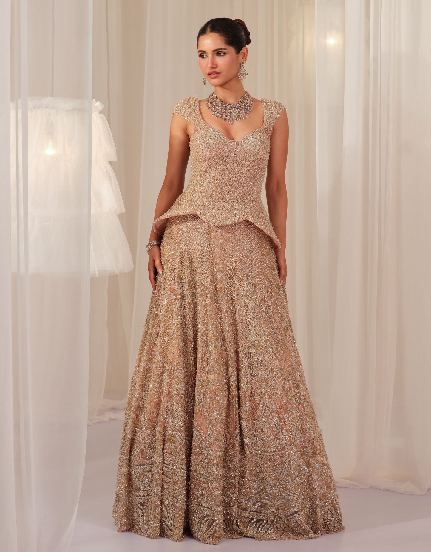 Soft Blush Hand Embellished Peplum Corset With Lehenga & Dupatta