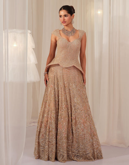 Soft Blush Hand Embellished Peplum Corset With Lehenga & Dupatta
