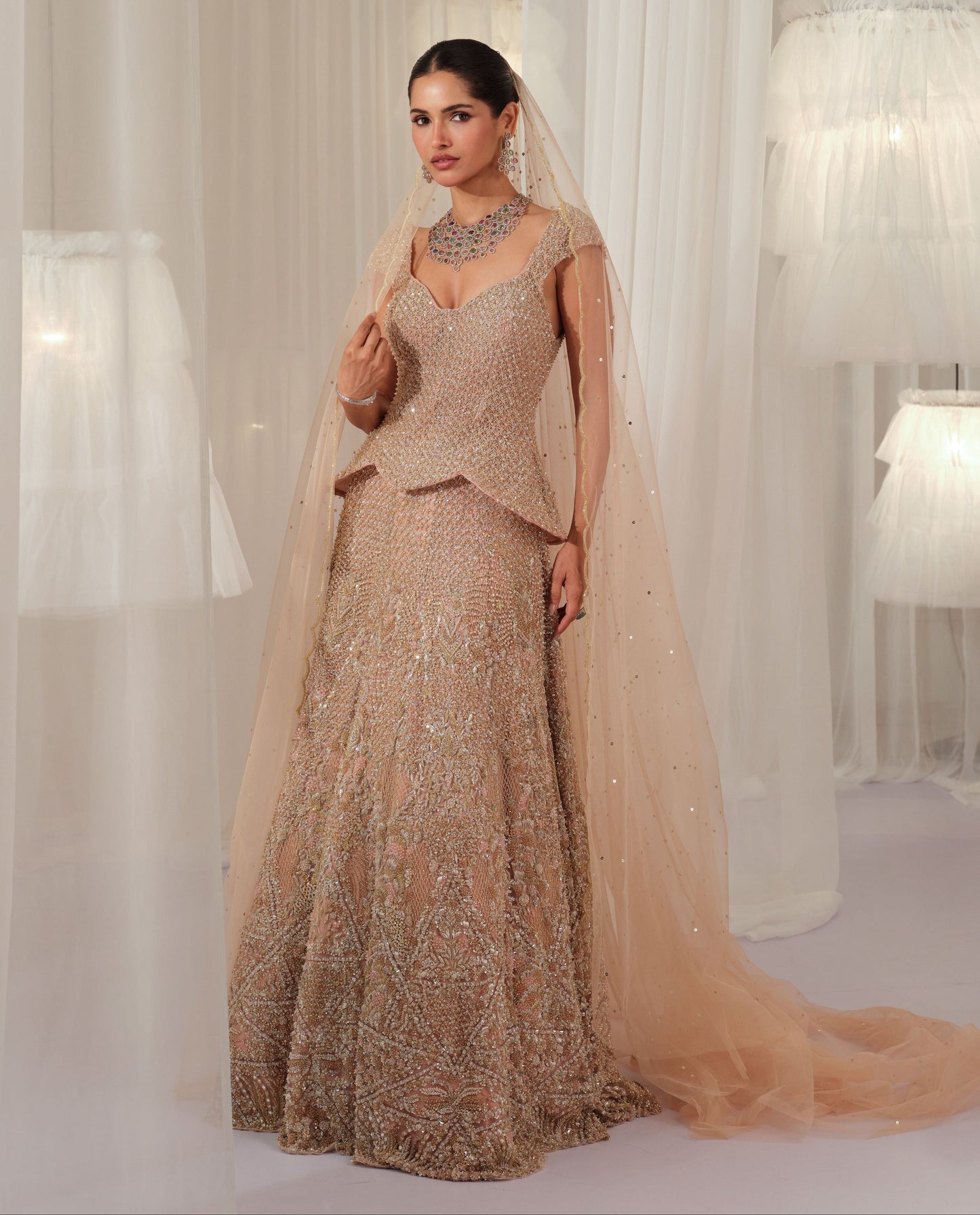 Soft Blush Hand Embellished Peplum Corset With Lehenga & Dupatta