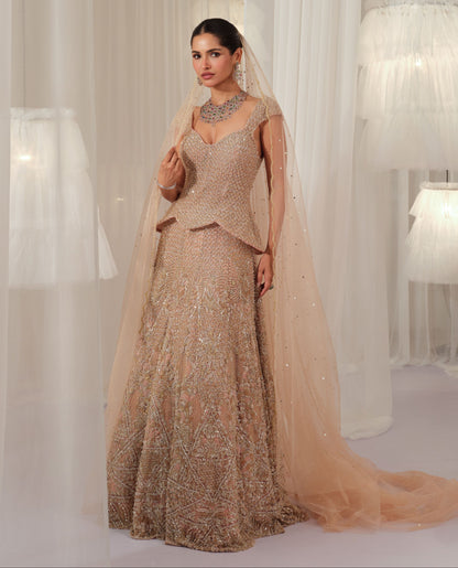 Soft Blush Hand Embellished Peplum Corset With Lehenga & Dupatta