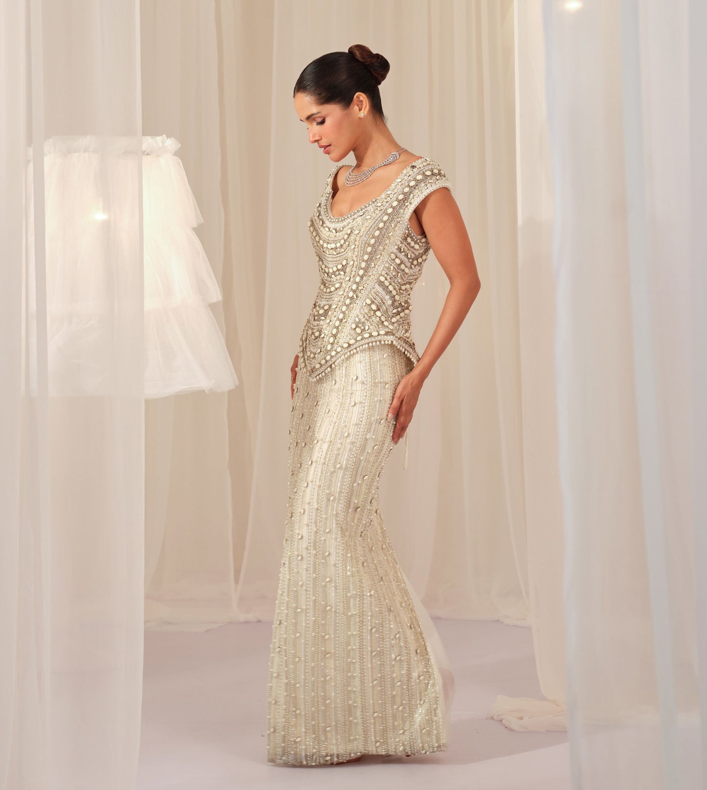 White Stone Crystal Corset with Beaded Pencil Skirt