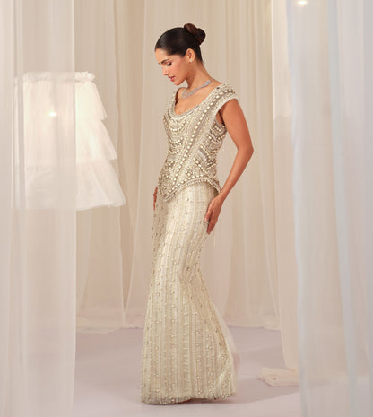 White Stone Crystal Corset with Beaded Pencil Skirt